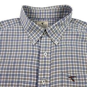 Genteal Performance Shirt Men L Cream Blue Plaid Long Sleeve Button Down Stretch